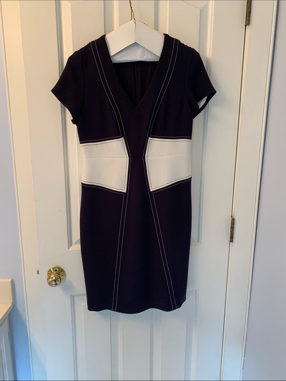 Ann Taylor Navy Blue Midi Sheath Dress with White Contrast Panels